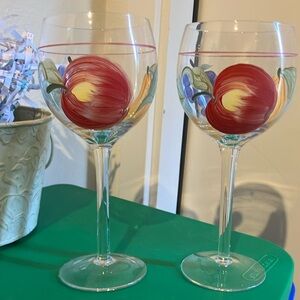 Unbranded Hand Painted Clear Glass Wine Glasses “pears, apples and grapes “
